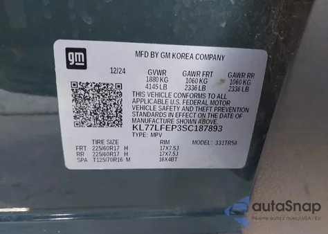 2025 Chevrolet Trax Fwd Ls из США, поврежденный, VIN KL77LFEP3SC187893